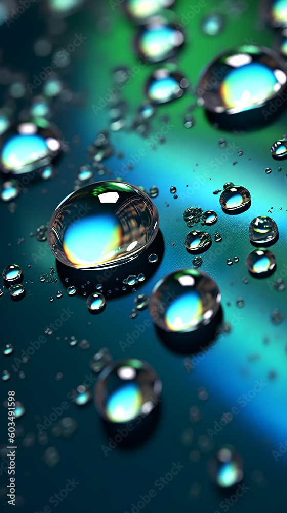 Mobile Wallpaper Water Drops on Metallic Surface. Generative Ai.