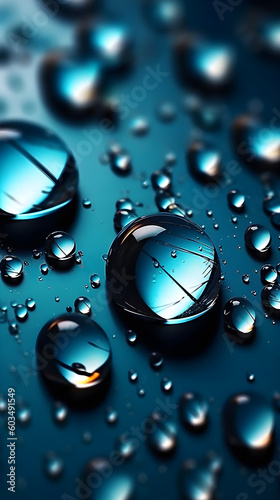 Mobile Wallpaper Water Drops on Blue Metallic Surface. Generative Ai.