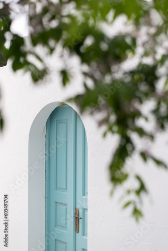 white house with blue door framed with leaves of a tree nisyros greece greek scenery minimalistic simple mediterranean