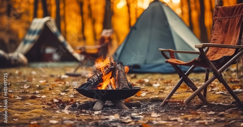 Beautiful bonfire with burning firewood near chairs and camping tent in forest. Campfire by a chairs and a tent