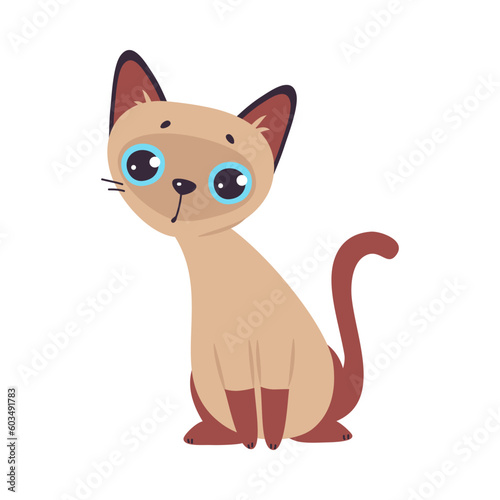 Funny Brown Cat with Paw and Tail Sitting Vector Illustration