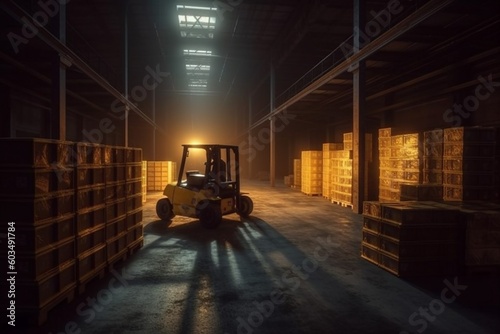 vehicle forklift cargo storage distribution warehouse transportation box delivery logistic. Generative AI. © SHOTPRIME STUDIO