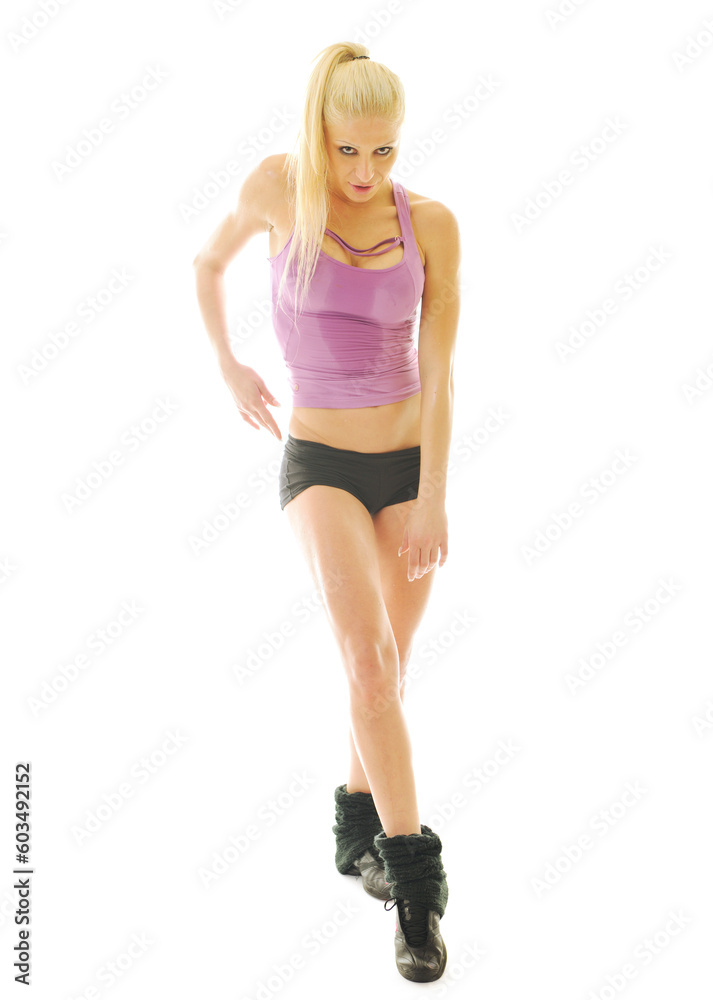 young beautiful woman exercise fitness pose isolated on white in studio young beautiful woman exercise fitness pose isolated on white in studio