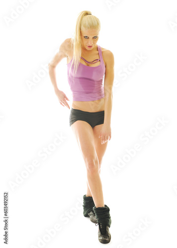 young beautiful woman exercise fitness pose isolated on white in studio