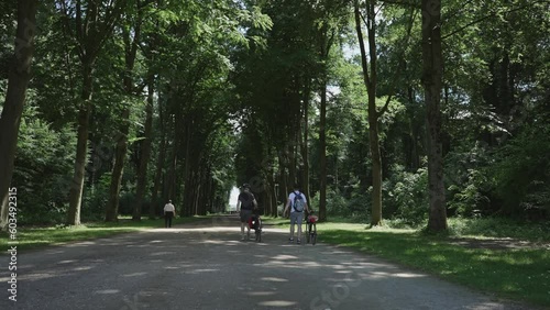 Wallpaper Mural Bikers relaxin walking in alley between trees leading to the Falkenlust palace in Bruhl, Germany, slow motion Torontodigital.ca