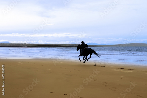 silhouette of a horse and rider galloping on ballybunion beach at sunset in kerry ireland