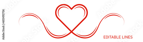 Love concept line art vector illustration with heart. Isolated red heart design in vintage style. Abstract love design to use for invitations, page divider, love greetings, retro wedding cards. 