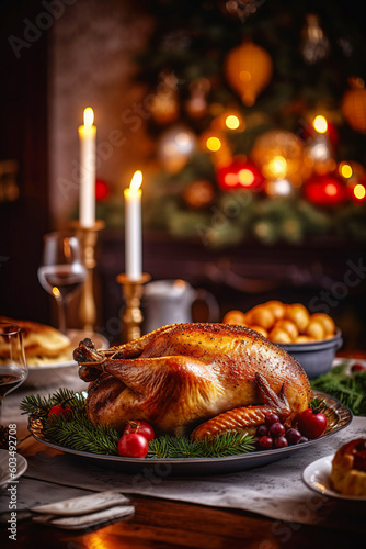 Thanksgiving table served with turkey. Christmas Turkey with stuffing. Xmas dinner table with dishes, decorations, bokeh lights and candles backdrop. generative ai