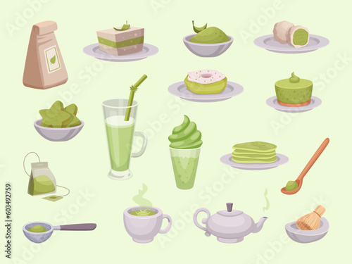 Matcha products. Eco healthy food from green tea leaves matcha exact vector pictures set