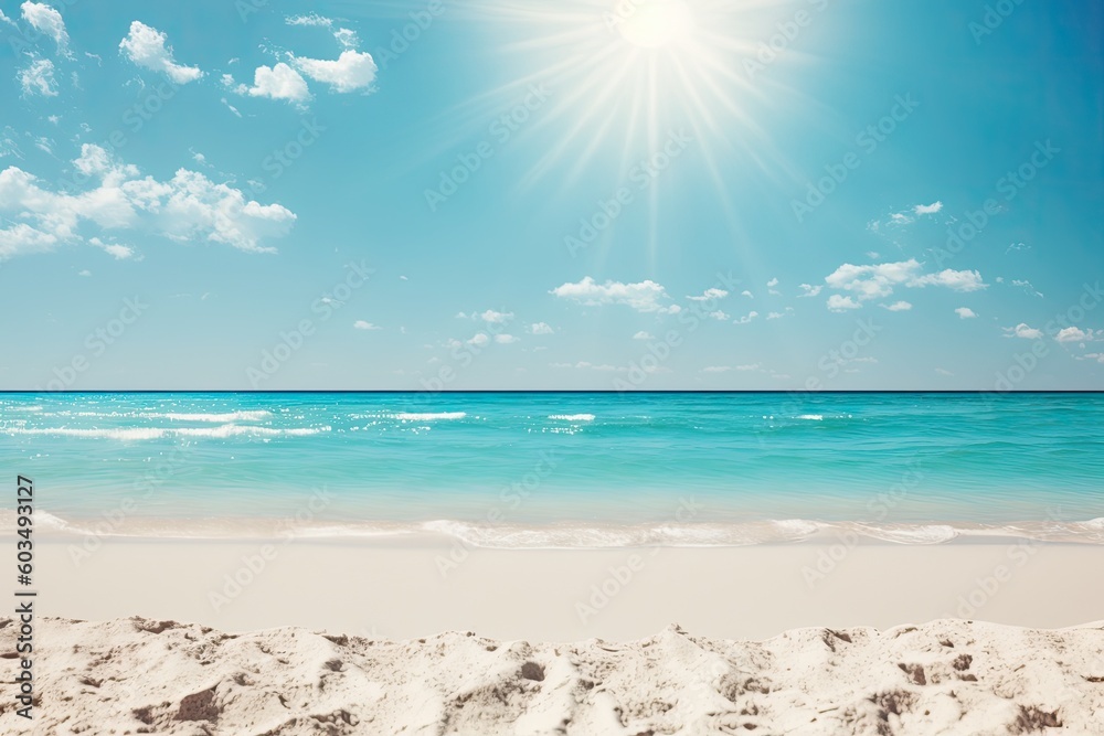 sunny beach with white sand and clear blue water. Generative AI