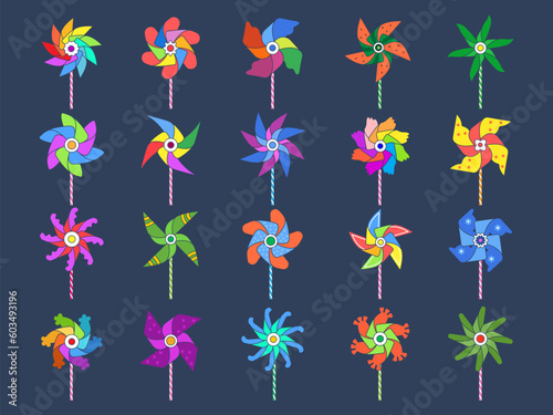 Windmill toys. Colored spinners for kids recent vector origami summer toys