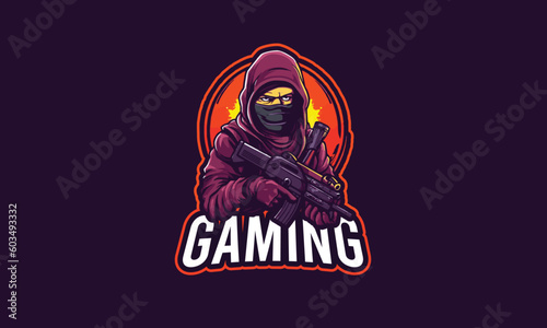 Snipper Esports gaming logo for YouTubers, mascot style YouTuber boy gamer logo. a character with snipers gun mascot style logo 