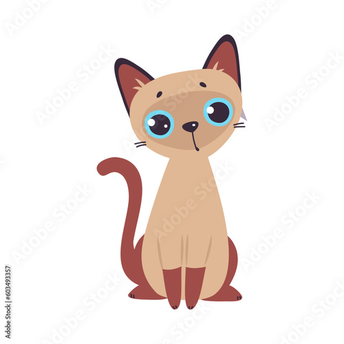 Funny Brown Cat with Paw and Tail Sitting Vector Illustration