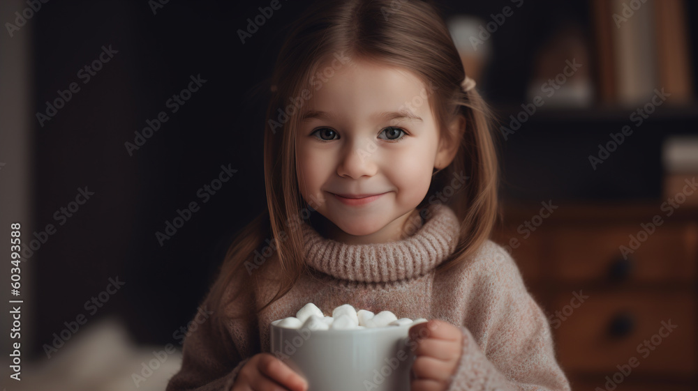 Cute Little Girl Drinking Cocoa Hot Chocolate with Marshmallows. Child Holding Cup with tasty sweet beverage. Black Background. generative ai Cute Little Girl Drinking Cocoa Hot Chocolate with Marshmallows. Child Holding Cup with tasty sweet beverage. Black Background. generative ai