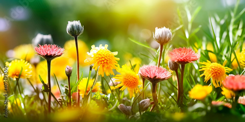 Beautiful summer natural background with yellow pink flowers daisies  clovers and dandelions in grass against of dawn morning. AI Generated