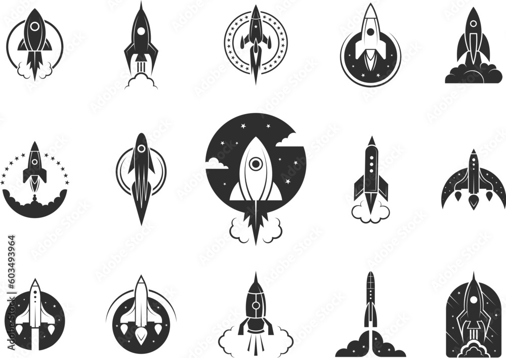 Rocket silhouette launch. Speed spaceship icons, fast space rocketship fly symbols, cosmos explorer designs Rocket silhouette launch. Speed spaceship icons, fast space rocketship fly symbols, cosmos explorer designs
