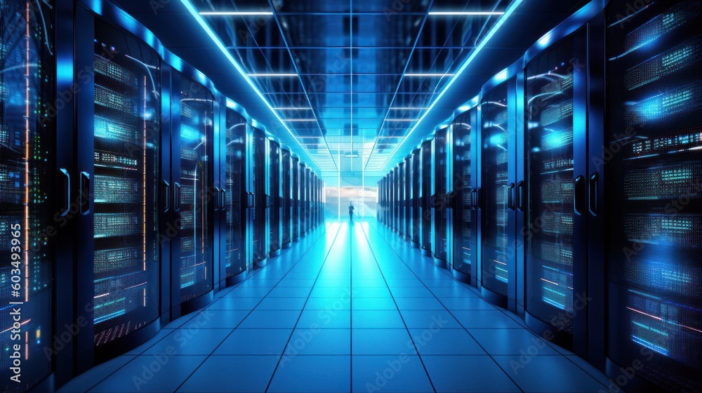 computer server room, Network and internet communication technology concept, data center interior, server racks with telecommunication equipment in server room. Generative AI computer server room, Network and internet communication technology concept, data center interior, server racks with telecommunication equipment in server room. Generative AI