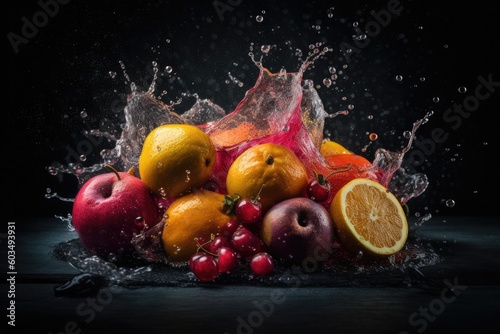 Fruit splash on black background, ai generative 