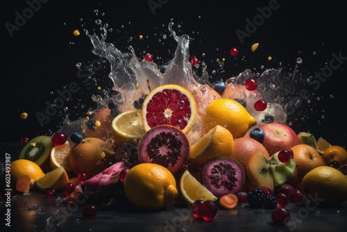 Fruit splash on black background, ai generative 