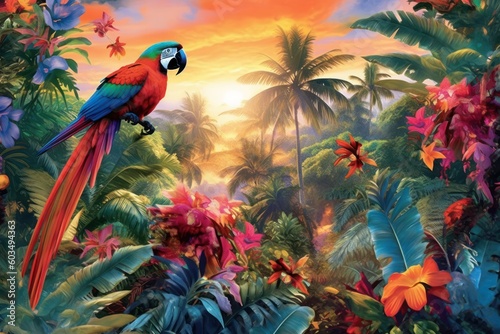 exotic flowers, and colorful birds against a backdrop of a picturesque beach or sunset. parrot tropical backdrop and parrot themed greeting card. Generative AI