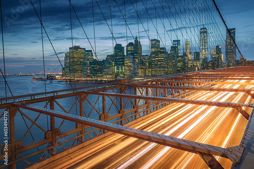 Spectacular view of Manhattan financial district from Brooklyn Bridge at sunset. New York cityscape from elevated roadway with tail lights of car traffic at sunset / twilight. New York City, USA