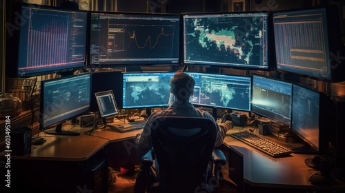 broker doing tradingn on desktop with screens, generative ai
