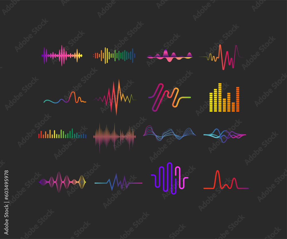 Waves color. Logo suara. Set Musik, radio, ikon color gelombang kardio, set logo vektor moderen 