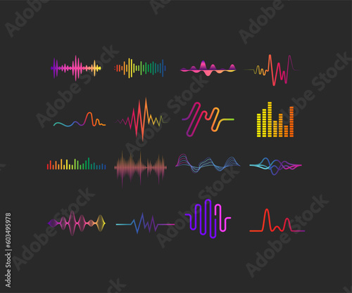 Waves color. Logo suara. Set Musik, radio, ikon color gelombang kardio, set logo vektor moderen 