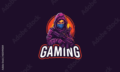 Gamer Girl channel mascot logo, female Esports logo with AKM gun, Pubg youtube channel logo, sniper girl gaming logo  