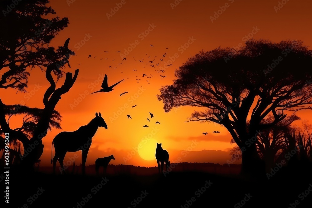 Abstract  Savana landscape , sunset and animals generative AI