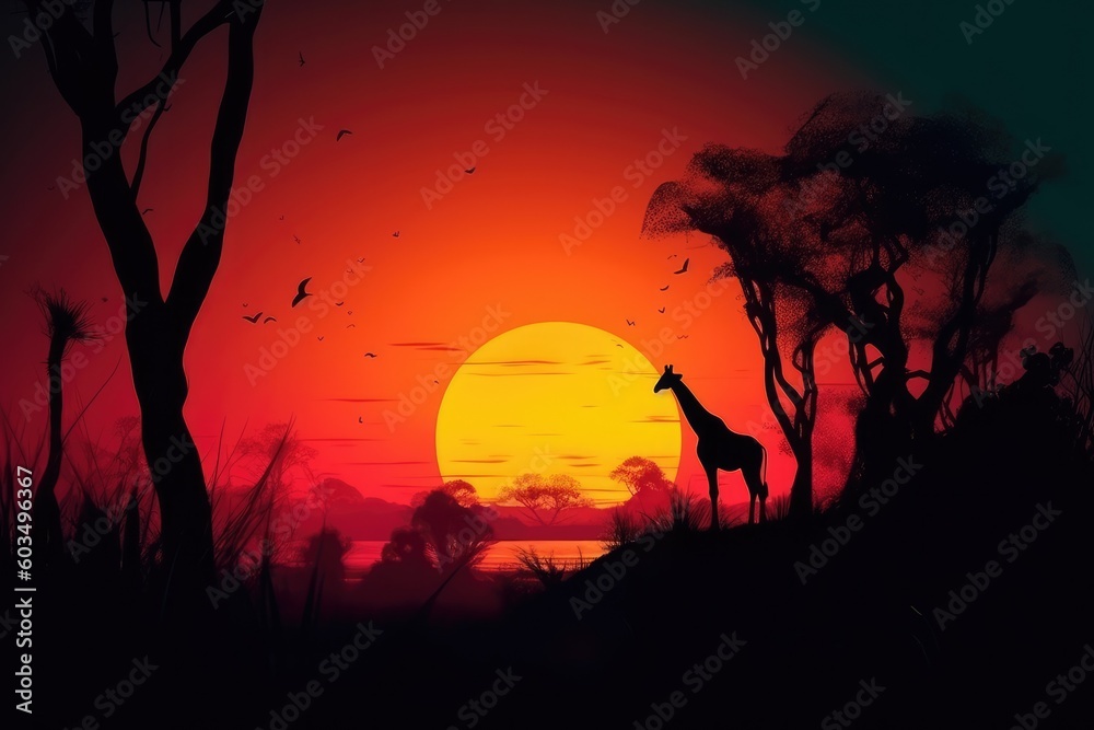 Abstract Savana landscape , sunset and animals generative AI Abstract Savana landscape , sunset and animals generative AI