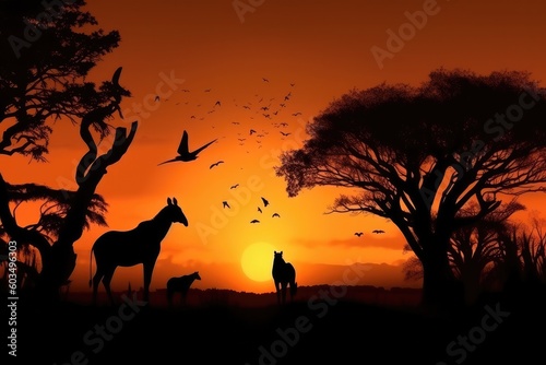 Abstract  Savana landscape   sunset and animals generative AI