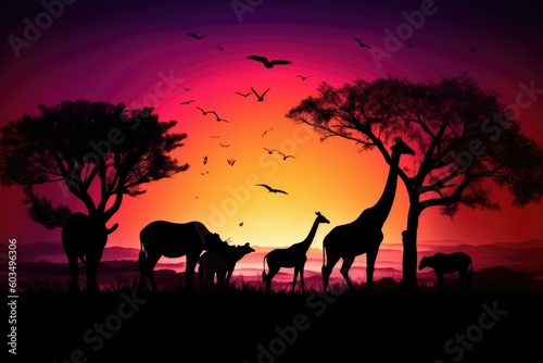 Abstract  Savana landscape   sunset and animals generative AI