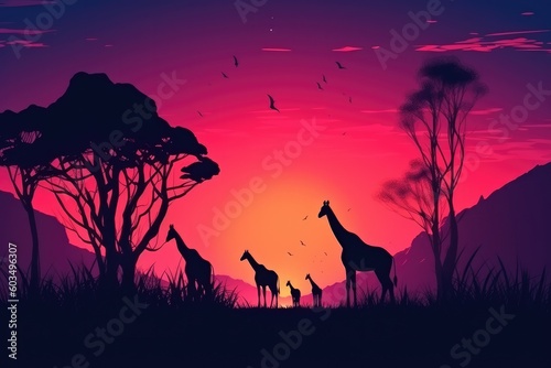Abstract  Savana landscape   sunset and animals generative AI