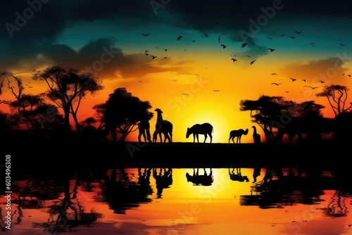 Abstract Savana landscape , sunset and animals generative AI