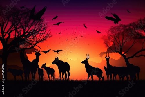 Abstract  Savana landscape   sunset and animals generative AI