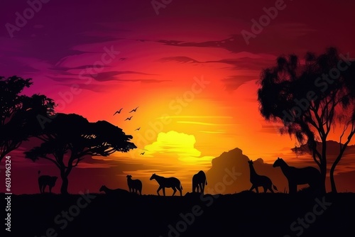 Abstract  Savana landscape   sunset and animals generative AI