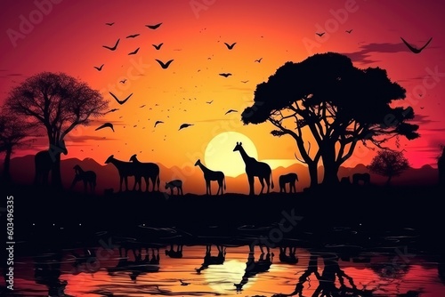 Abstract Savana landscape , sunset and animals generative AI