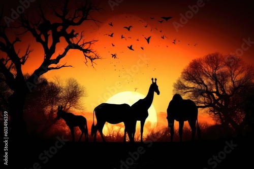 Abstract  Savana landscape   sunset and animals generative AI