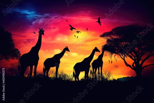 Abstract  Savana landscape , sunset and animals generative AI © ChaoticMind