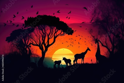 Abstract  Savana landscape   sunset and animals generative AI