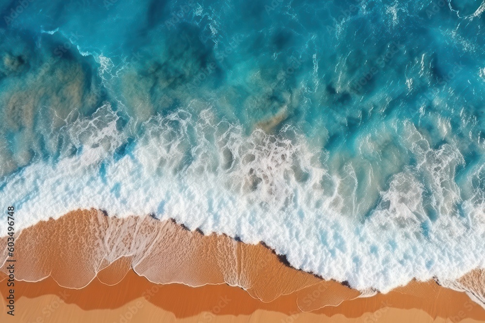 Fototapeta Ocean waves on the beach background Aerial top down view of beach and sea generative ai 