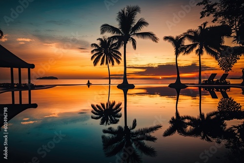 serene tropical sunset with palm trees and their reflection in the water. Generative AI