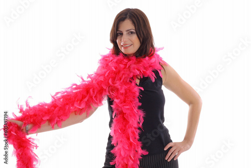 woman with pink boa