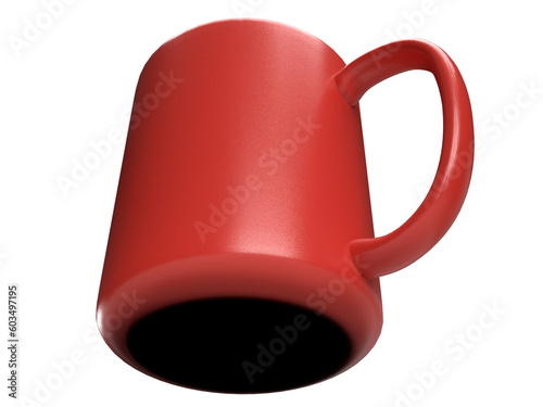 Isolated, Bottom View of Red Ceramic Cup or Coffee Mug on White Background, 3D Render Illustration photo