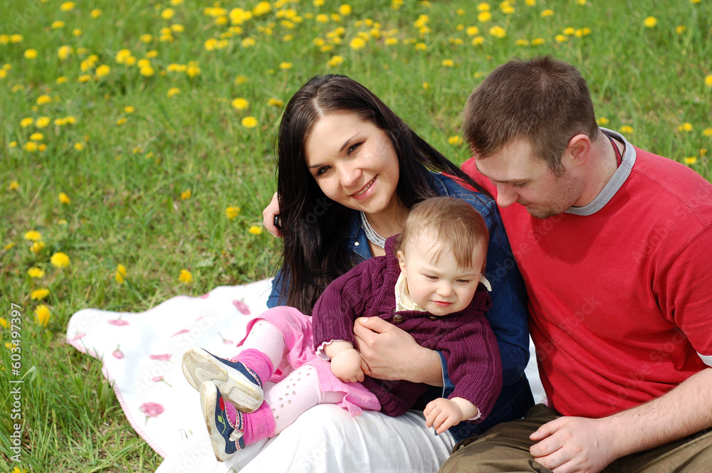 happy family together on green meadow happy family together on green meadow