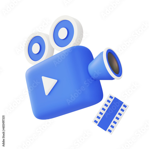 3d illustration icon of blue film and movie camera
