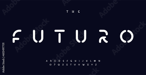 Futuristic stencil alphabet, digital sans serif letters, military uniform font for army industrial tech logo, stenciled headline, contemporary typography, modern typographic design. Vector typeset