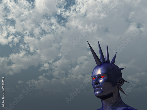 Tableau sur toile blue strange head in mohawk style - 3d illustration
