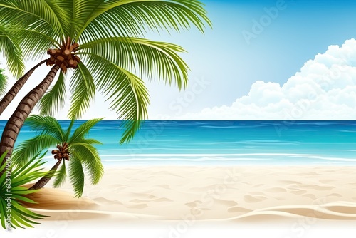 tropical beach with palm trees and clear blue ocean water. Generative AI